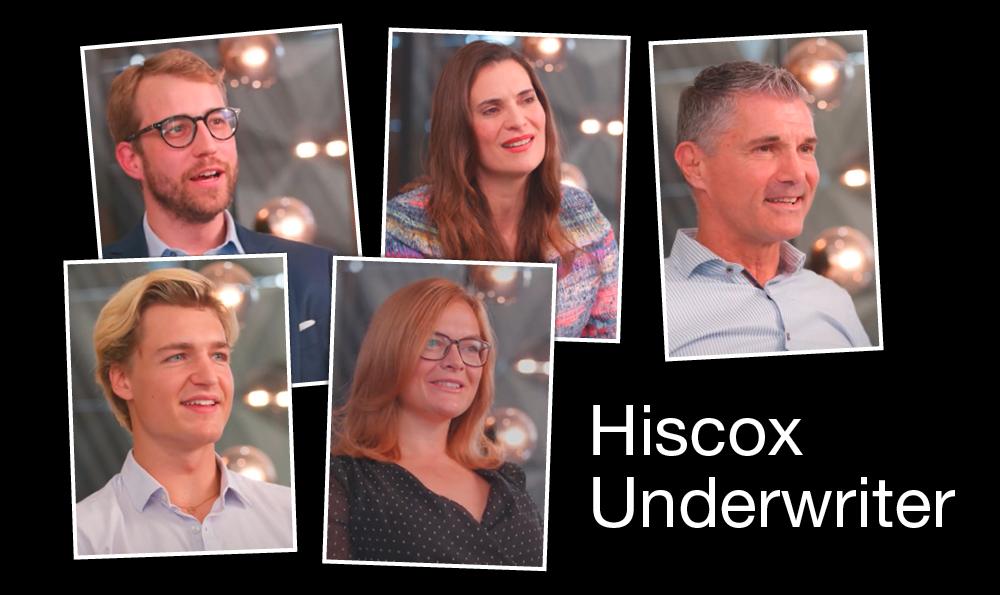 Fünf Personen sind in einem Collage-Stil angeordnet. Ihre Gesichter sind verpixelt. Unten rechts steht der Text "Hiscox Underwriter"