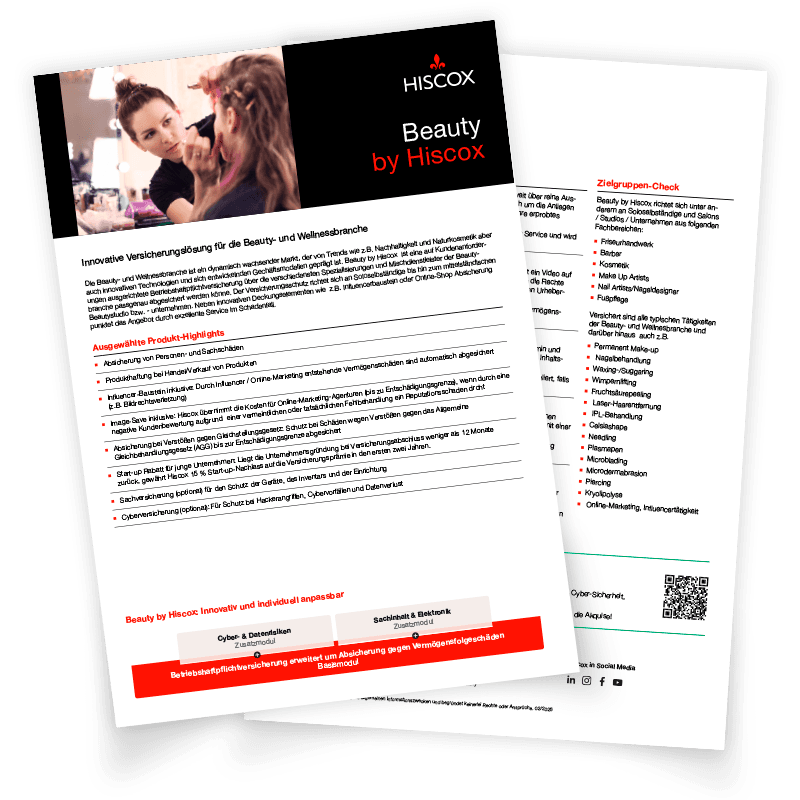 Darstellung der Vorderseite und Rückseite vom Highlightsheet von Beauty by Hiscox liegen übereinander.