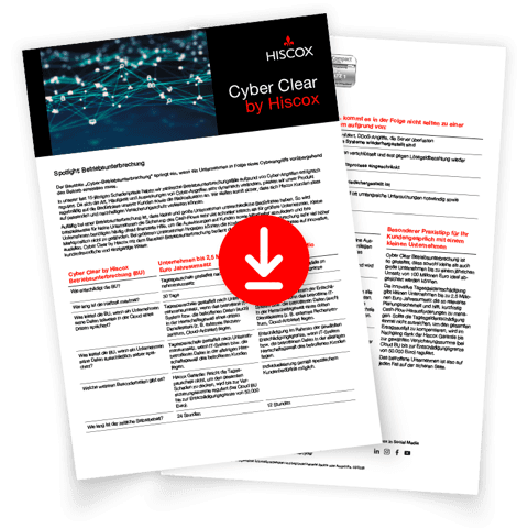 Vorschaubild des Infor-Flyer zur Cyber-Betriebsunterbrechung mit einem roten Download-Pfeil in der Mitte