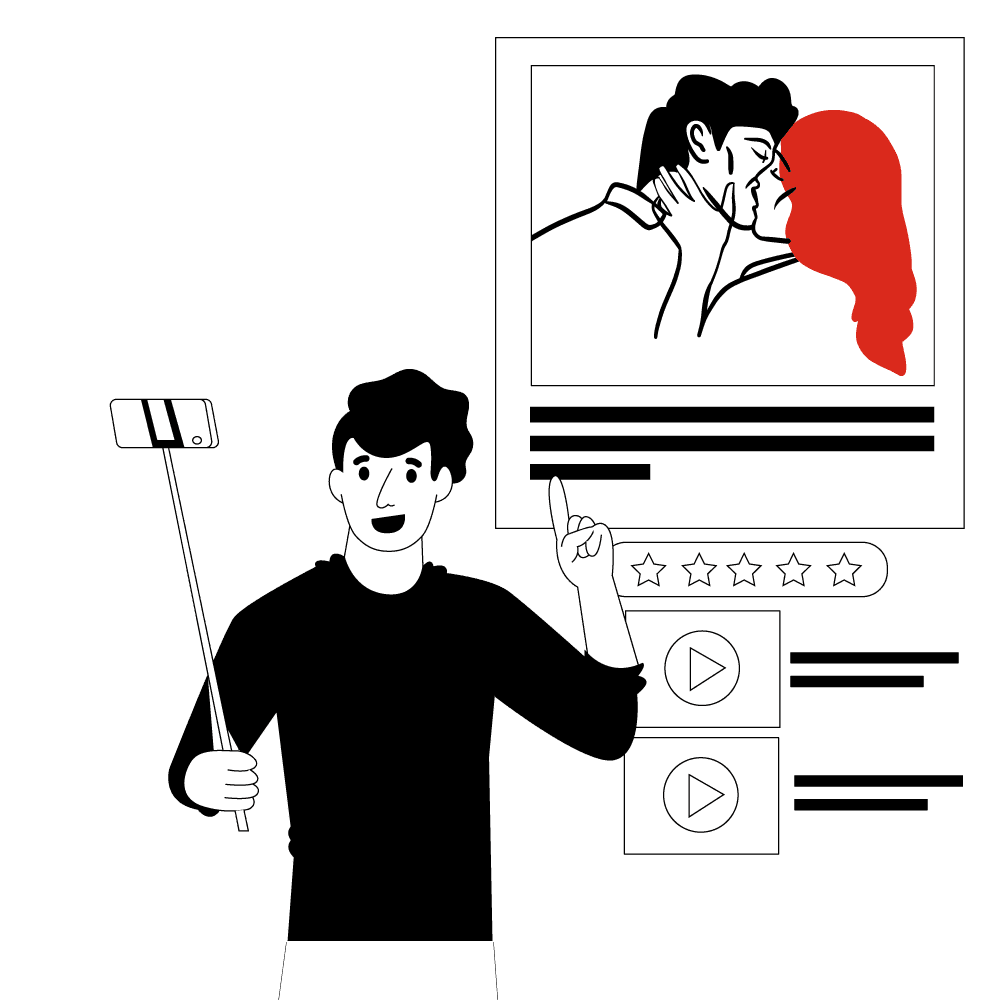 Eine Person hält einen Selfie-Stick mit einem daran befestigten Smartphone, das auf eine Illustration von zwei küssenden Personen zeigt. Unter der Illustration befinden sich fünf Sterne zur Bewertung und zwei Play-Buttons, die wahrscheinlich auf Videoinhalte hinweisen