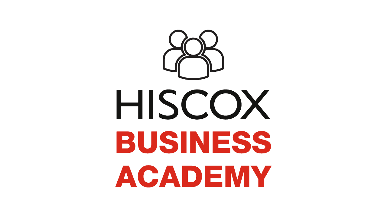 Logo der Hiscox Business Academy mit stilisierten Figuren und dem Schriftzug "Hiscox Business Academy" in schwarzer und roter Schrift