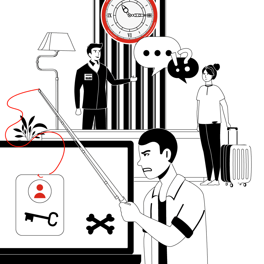 Eine Illustration zeigt eine Szene in einem Hotel. Ein Mann mit einem gestreiften Hemd benutzt einen Laptop, der mit einer Pflanze verbunden ist. Links steht eine Stehlampe, daneben ein Mann im Anzug, der auf eine Sprechblase zeigt. Rechts steht eine Frau mit einem Koffer
