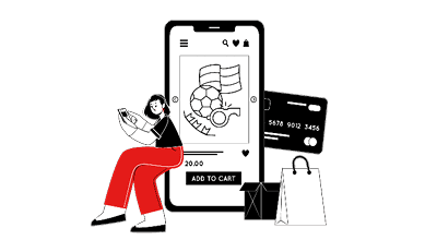 Eine Illustration zeigt einen Computerbildschirm mit einem Online-Shop, der ein Trikot und einen Fußball anzeigt. Daneben steht ein Einkaufswagen mit Paketen. Vor dem Bildschirm befindet sich ein Warnschild mit einem Totenkopf-Symbol