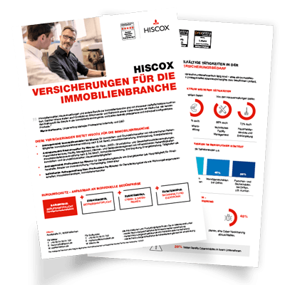 Zwei übereinanderliegende Werbeflyer der Firma Hiscox. Der obere Flyer zeigt ein Bild von zwei Personen in einem Büro mit der Aufschrift 'HISCOX VERSICHERUNGEN FÜR DIE IMMOBILIENBRANCHE'. Der untere Flyer enthält Diagramme und Statistiken zur Versicherungsbranche.