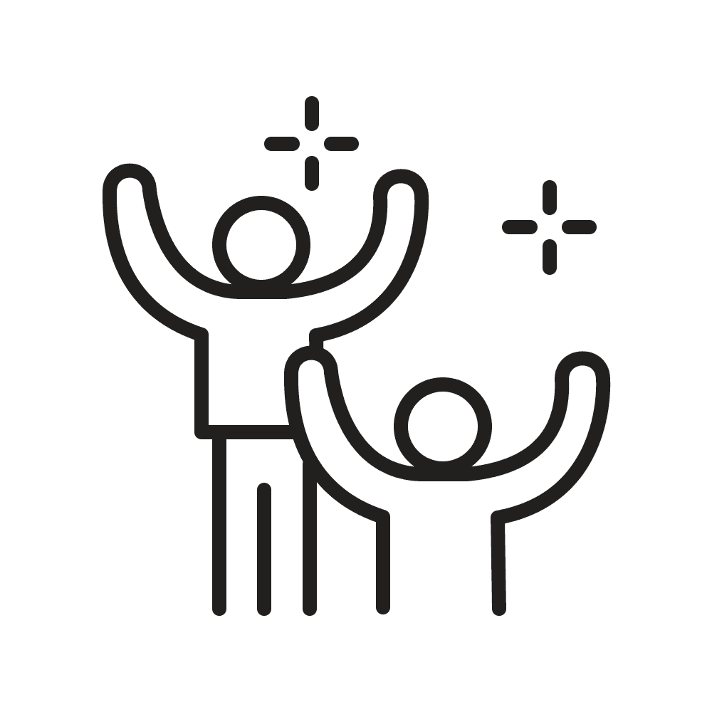 Icon von zwei Personen, die ihre Hände heben, symbolisiert Support und Unterstützung.