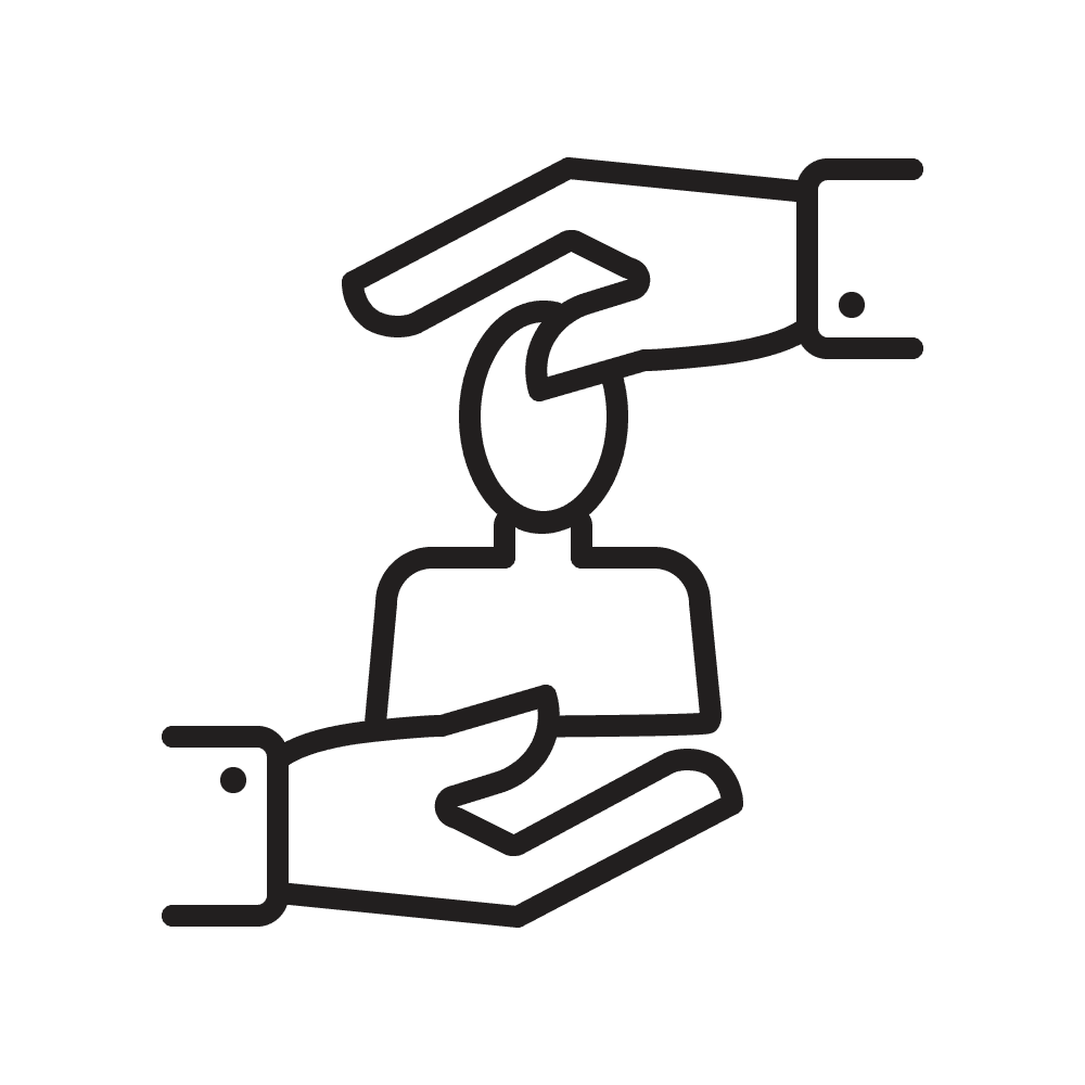 Icon von zwei Händen, die eine Person halten, symbolisiert Unterstützung und Schutz.