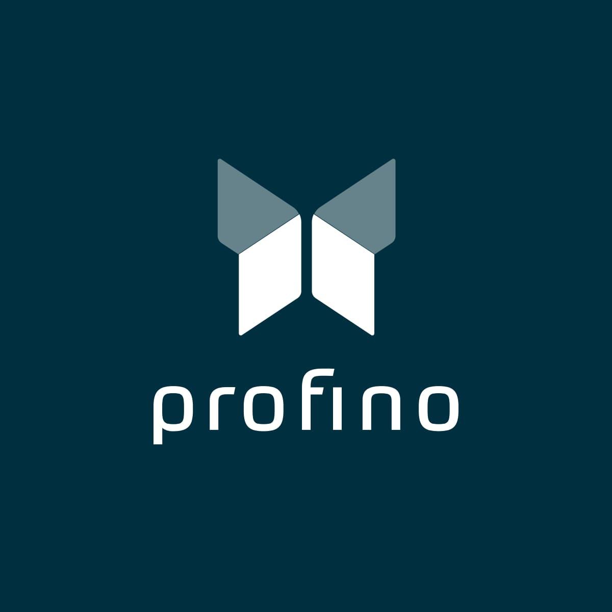 Logo mit dem Schriftzug ‚profino‘ unter einem stilisierten Schmetterling auf dunkel-türkisfarbenem Hintergrund.
