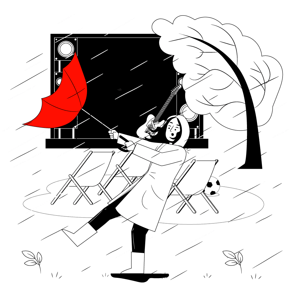 Eine Person in einem Regenmantel hält einen umgedrehten roten Regenschirm und kämpft gegen starken Wind. Im Hintergrund sind ein Baum, der sich im Wind biegt, eine Gitarre, die an einem schwarzen Bildschirm hängt, und einige umgefallene Stühle zu sehen. Ein Fußball liegt auf dem Boden.