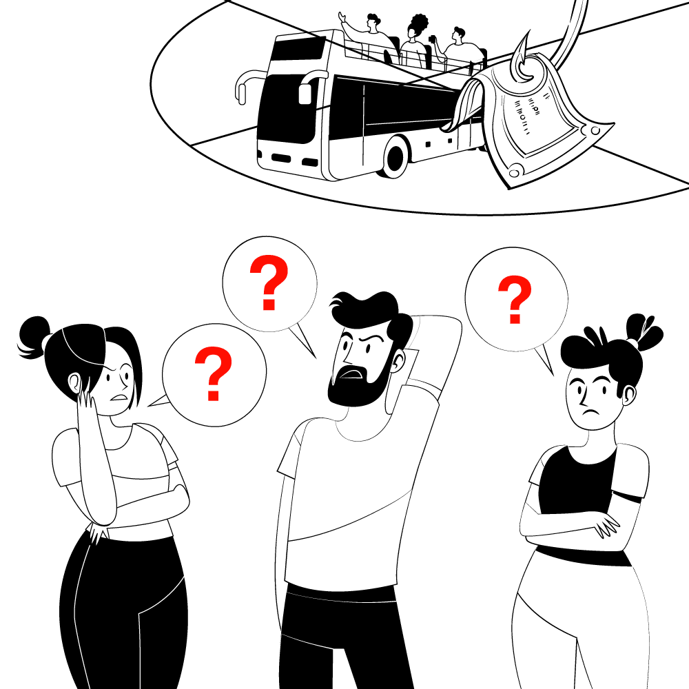 Eine Illustration zeigt drei Personen mit fragenden Gesichtsausdrücken und roten Fragezeichen über ihren Köpfen. Im Hintergrund ist ein Bus zu sehen, der von einem Haken angehoben wird.