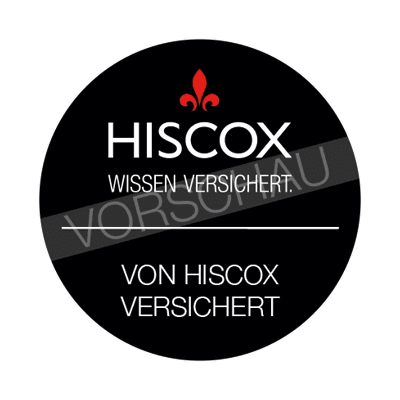 Ein rundes Logo mit dem Text 'HISCOX' und einem roten Fleur-de-Lis-Symbol darüber. Darunter steht 'WISSEN VERSICHERT.' und 'VON HISCOX VERSICHERT'. Ein Wasserzeichen mit 'VORSCHAU' verläuft quer über die Mitte.