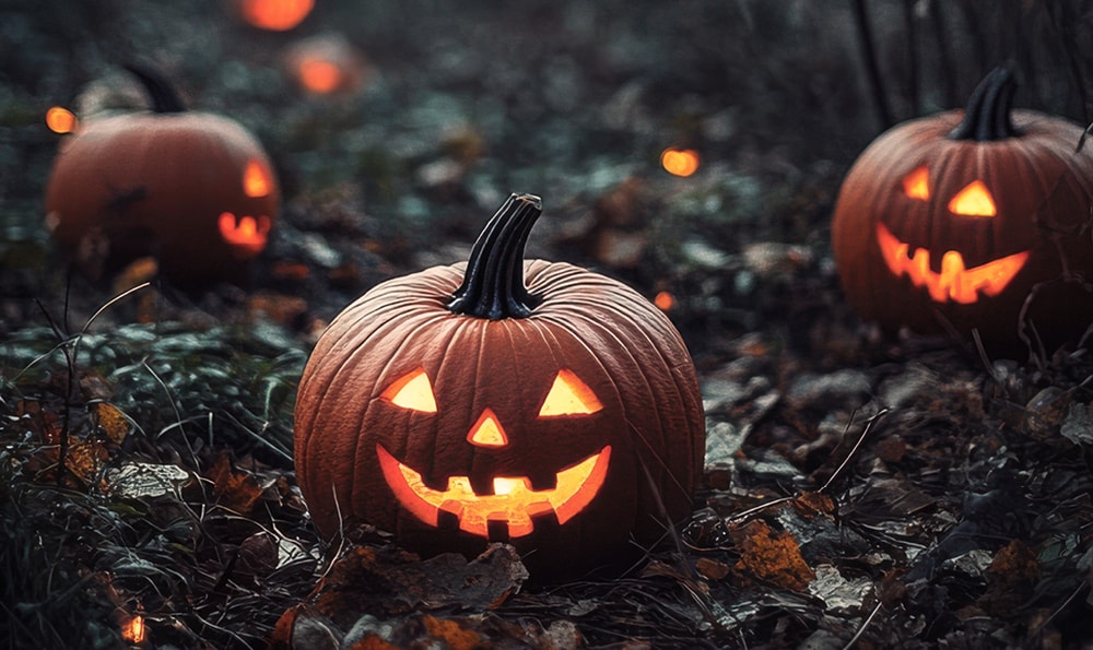 Drei leuchtende Kürbislaternen mit geschnitzten Gesichtern stehen auf dem Boden zwischen herbstlichen Blättern und Gras. Die Szene ist in der Dämmerung aufgenommen und verbreitet eine stimmungsvolle, leicht gruselige Halloween-Atmosphäre.