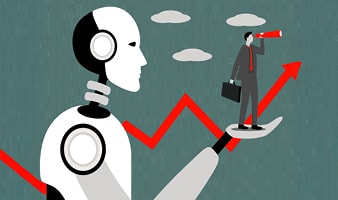 Ein Roboter trägt auf seiner Hand einen Mann mit Anzug und Krawatte. Er hat einen Aktentasche in der Hand und schaut durch ein Fernglas