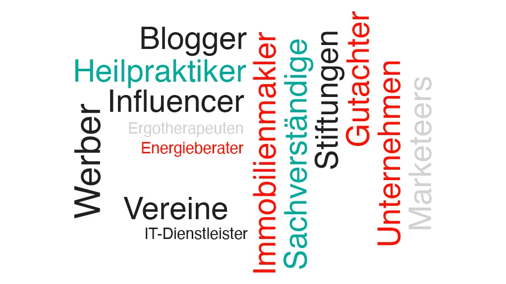 Wortwolke mit ausgewählten VH-Zielgruppen in schwarzer, grauer türkiser und roter Schrift.
