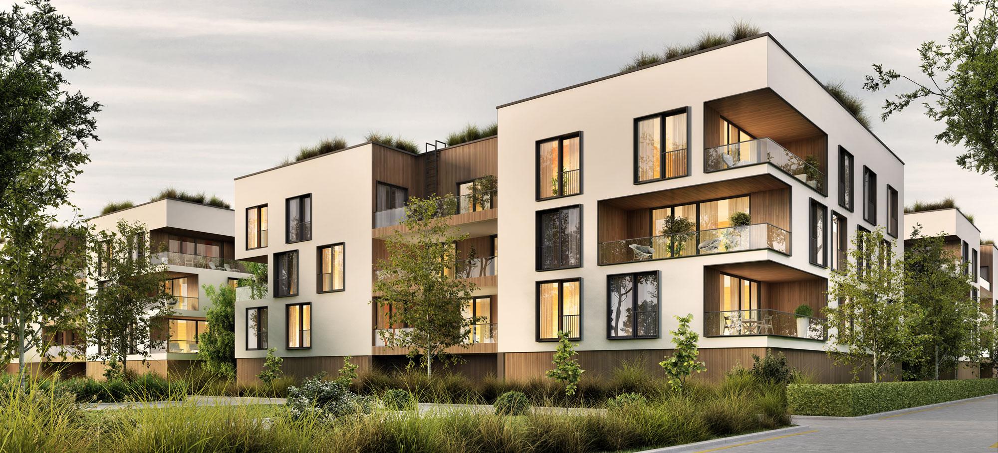 Moderne Wohngebäude mit beleuchteten Wohnungen und Grünflächen