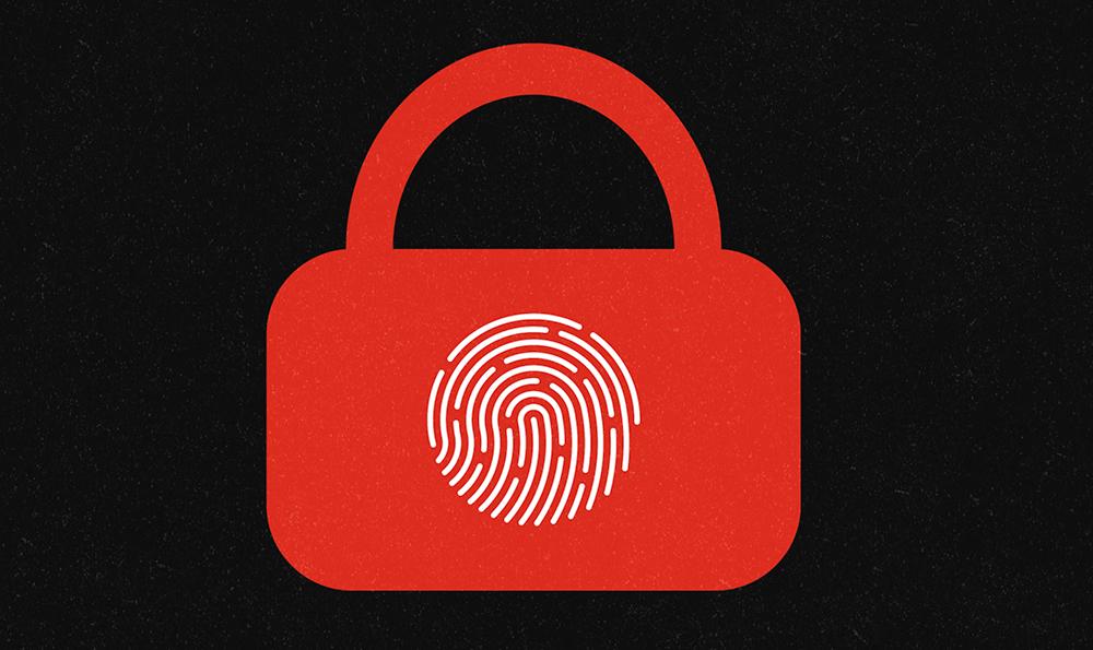 Ein rotes stilisiertes Schloss mit weißem Fingerabdruck in der Mitte auf schwarzem Hintergrund