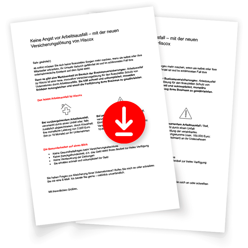 Vorschau auf ein Kundenanschreiben zur neuen Hiscox Arbeitsausfallversicherung inklusive Downloadsymbol