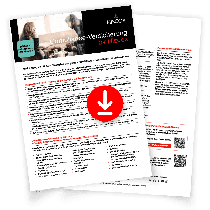 Vorschaubild des Highlightsheets zur Hiscox Compliance-Versicherung mit Downloadsymbol