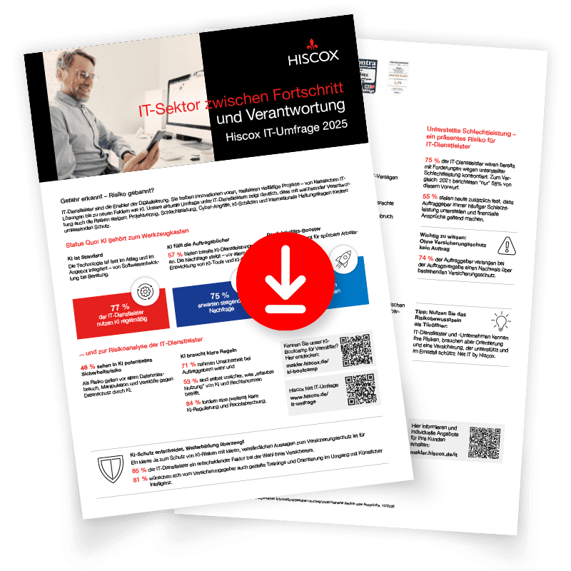 Vorschau auf das Factsheet zu den Ergebnissen der Hiscox IT-Studie 2025 mit Download-Symbol