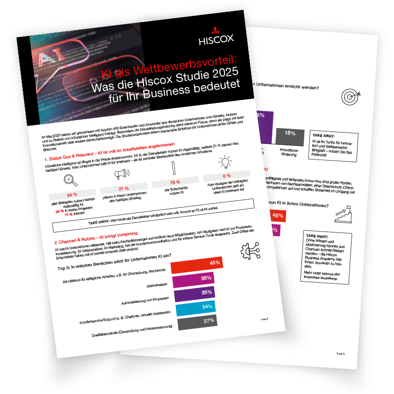 Vorschau auf das Factsheet mit den wichtigsten Erkenntnissen aus der Hiscox KI Studie