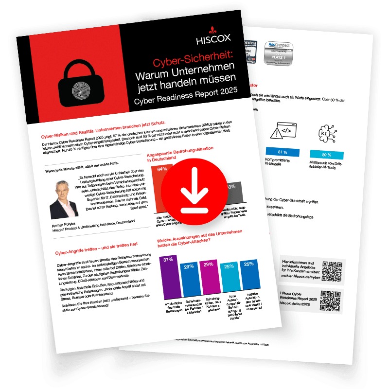 Vorschau auf das Factsheet zu den Ergebnissen des Hiscox Cyber Readiness Report 2025 mit Download-Symbol