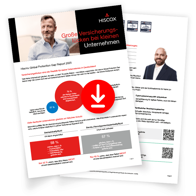 Vorschau auf das Factsheet zu den Ergebnissen des Hiscox Protection Gap Report 2025 zum Thema Unterversicherung mit Download-Symbol