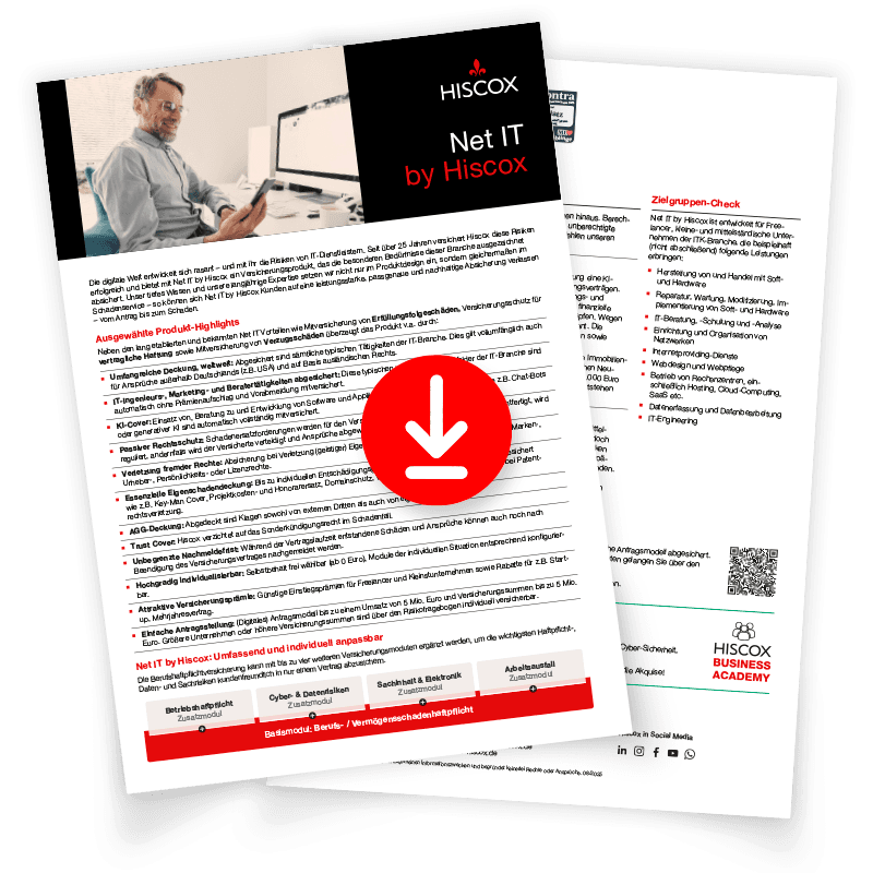 Vorschaubild des Highlightsheets zur Hiscox IT-Haftpflichtversicherung mit Downloadsymbol