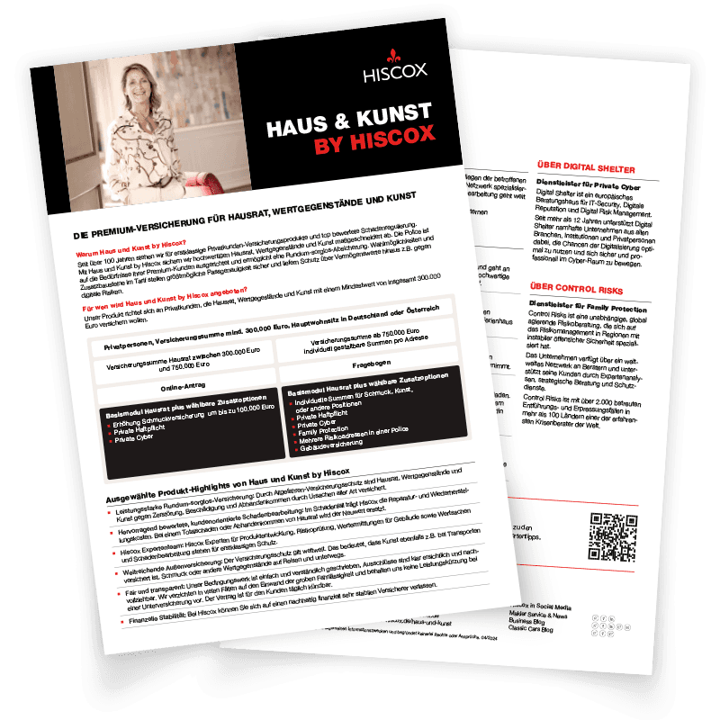 Vorschau auf das 2-seitige Highlightsheet der Versicherung Haus & Kunst by Hiscox