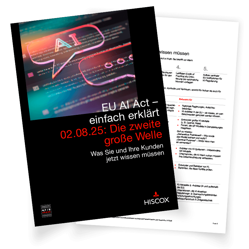 Vorschau auf zweiseitiges Dokument. Die erste Seite zeigt eine Grafik mit einer Sprechblase. In der Sprechblase steht AI. Drunter steht folgedner Text: EU AI Act einfach erklärt. 02.08.25 Die zweite große Welle. Was Sie und Ihre Kunden jetzt wissen müssen.