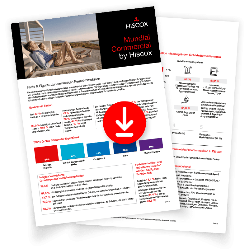 Vorschaubild des Umfrage-Factsheets der Hiscox Ferienimmobilienumfrage 2025 mit Downloadsymbol