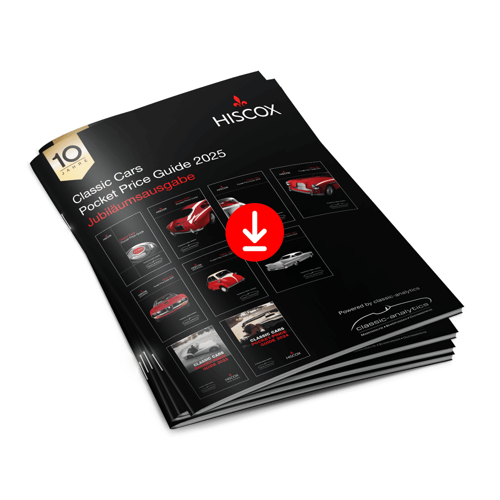 Vorschau des Covers von dem Pocket Price Guide für die Wertentwicklung von Oldtimerpreise in 2025 von Hiscox und classic-analytics.