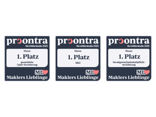 Drei Auszeichnungssiegel nebeneinander mit der Aufschrift: "procontra Vermittlerstudie 2025 – Hiscox – 1. Platz – gewerbliche Cyber-Versicherung - D&O - Vermögensschadenhaftpflichtversicherung – Maklers Lieblinge"
