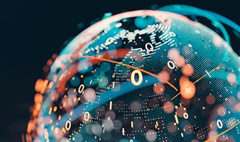 Visualisierung einer digitalen, leuchtenden Weltkugel aus Punkten und Linien, überlagert von Zahlen und Datenströmen.
