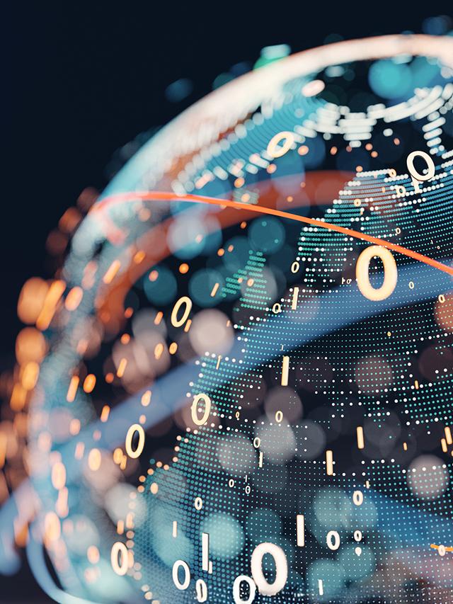 Visualisierung einer digitalen, leuchtenden Weltkugel aus Punkten und Linien, überlagert von Zahlen und Datenströmen.