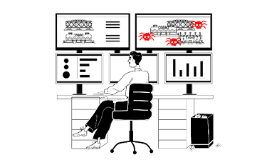 Eine Person sitzt an einem Schreibtisch mit fünf Monitoren. Zwei obere Monitore zeigen technische Diagramme mit roten Käfern, die auf Softwarefehler hinweisen. Die drei unteren Monitore zeigen verschiedene Grafiken und Diagramme. Ein Papierkorb steht neben dem Schreibtisch.