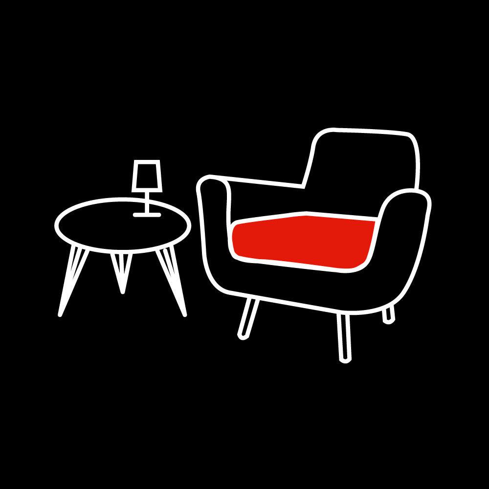 Minimalistische Illustration eines Wohnzimmers mit schwarzem Sessel mit rotem Sitzkissen, daneben ein runder Tisch mit Lampe auf schwarzem Hintergrund.