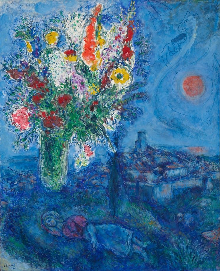 Marc Chagall. Schlafende mit Blumen, 1972 146 x 118 cm, Öl auf Leinwand ALBERTINA, Wien – Sammlung Batliner © Bildrecht, Wien 2024