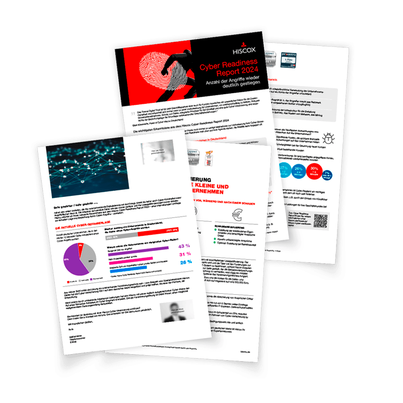 Das Bild zeigt vier Seiten eines Dokuments mit dem Titel "Hiscox Cyber Readiness Report 2024". Die erste Seite enthält den Titel, eine rote und schwarze Grafik sowie das Hiscox-Logo.