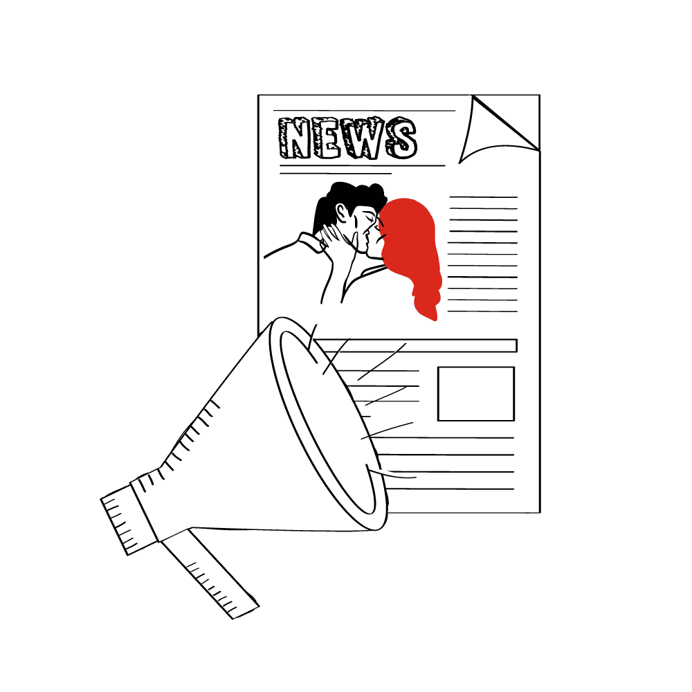 Ein Megafon ist auf eine Zeitung gerichtet, die ein Bild eines sich küssenden Paares zeigt. Das Wort 'NEWS' steht oben auf der Zeitung.