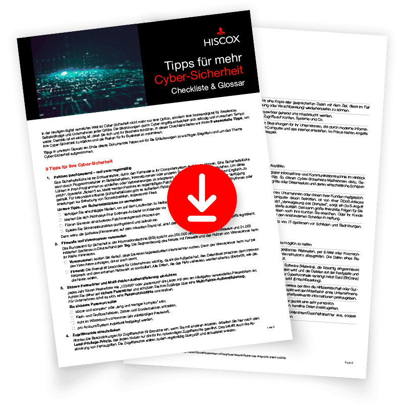 Zwei überlappende Seiten eines Dokuments mit dem Titel "Tipps für mehr Cyber-Sicherheit Checkliste & Glossar" von Hiscox.