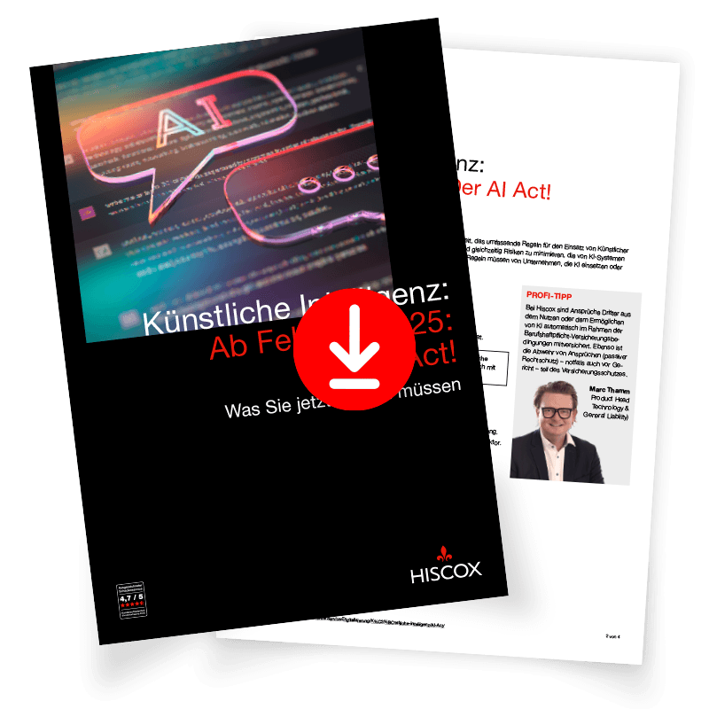 Zwei Seiten eines Dokuments oder Magazins. Die Vorderseite hat einen schwarzen Hintergrund mit einer Illustration einer Sprechblase, die die Buchstaben "AI" enthält, und digitalem Text im Hintergrund