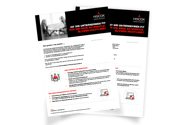 Zwei überlappende Flyer der Firma Hiscox. Der obere Flyer zeigt ein Schwarz-Weiß-Bild von zwei Personen, die sich gegenüber sitzen und miteinander sprechen.