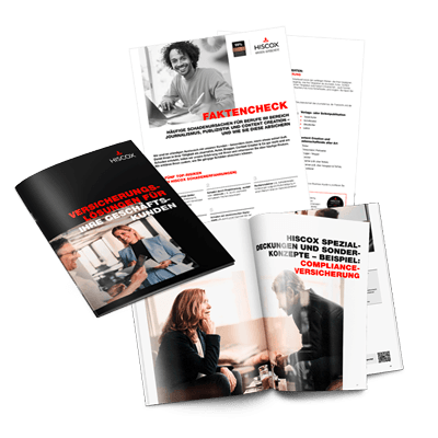 Mehrere aufgeschlagene und geschlossene Broschüren und Dokumente der Firma Hiscox, die verschiedene Versicherungsinformationen und -angebote darstellen