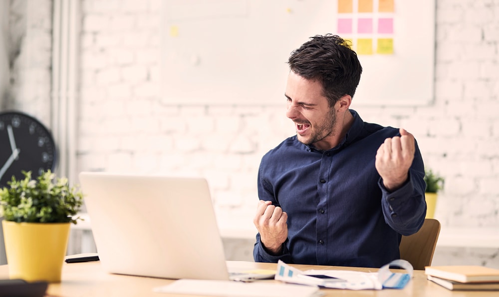 Eine Person sitzt an einem Schreibtisch mit einem Laptop, und auf dem Schreibtisch stehen zwei gelbe Topfpflanzen.