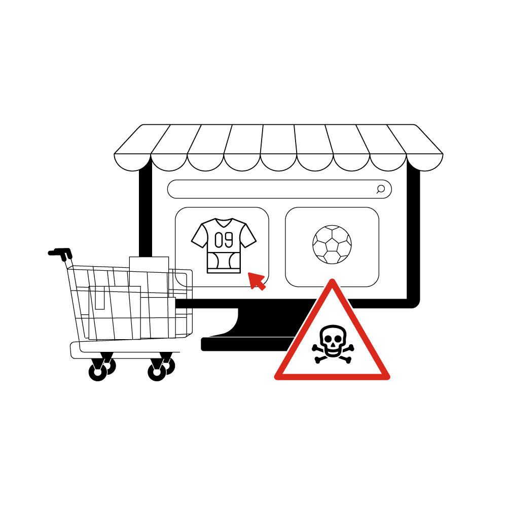 Eine Illustration zeigt einen Computerbildschirm mit einem Online-Shop, der ein Trikot und einen Fußball anzeigt. Daneben steht ein Einkaufswagen mit Paketen. Vor dem Bildschirm befindet sich ein Warnschild mit einem Totenkopf-Symbol