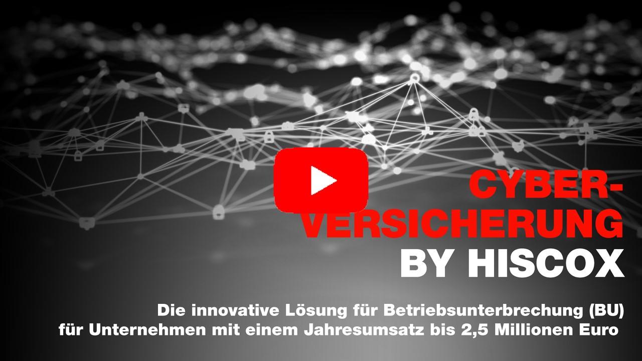 Grafik mit einem Netzwerk aus verbundenen Knotenpunkten und einem roten Play-Button in der Mitte. Rechts daneben steht: ‚CYBER-VERSICHERUNG BY HISCOX‘. Darunter: ‚Die innovative Lösung für Betriebsunterbrechung (BU) für Unternehmen mit einem Jahresumsatz bis 2,5 Millionen Euro.