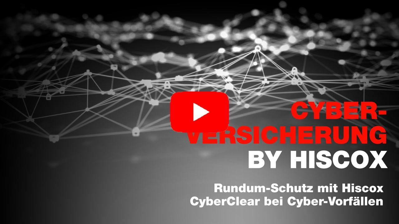 Grafik mit einem Netzwerk aus verbundenen Knotenpunkten und einem roten Play-Button in der Mitte. Text: ‚CYBER-VERSICHERUNG BY HISCOX – Rundum-Schutz mit Hiscox CyberClear bei Cyber-Vorfällen‘.