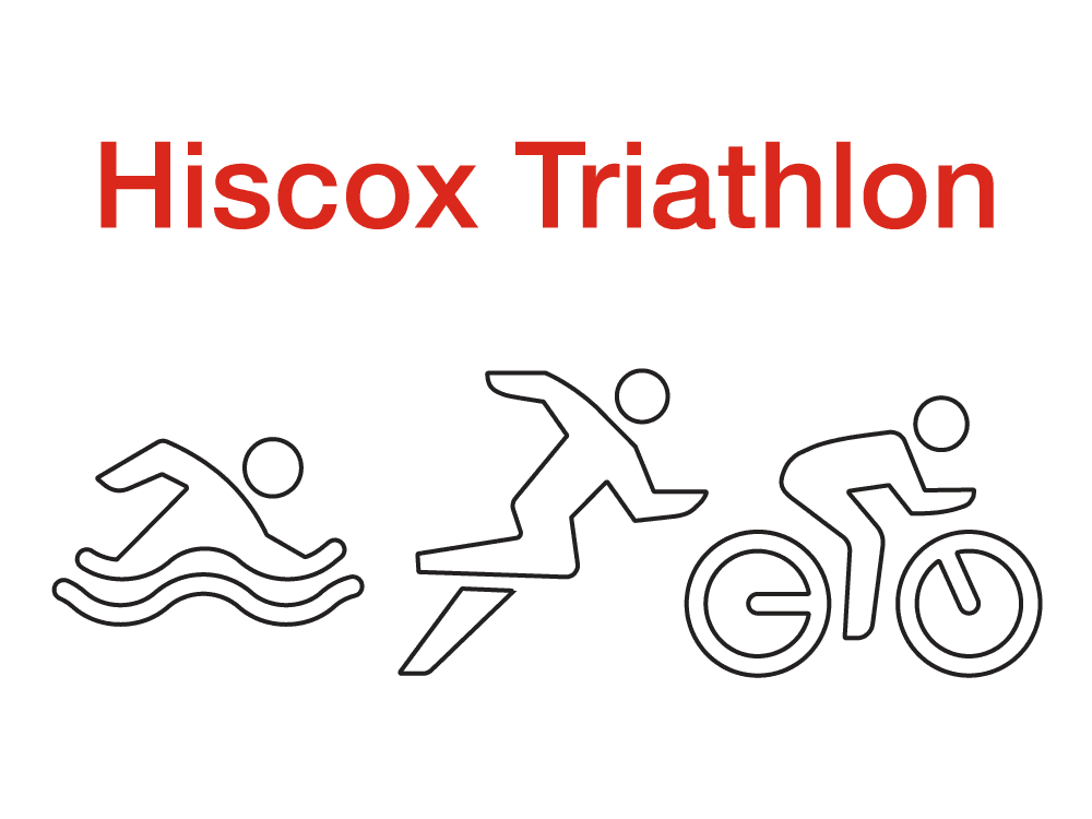 Hiscox Triathlon. Drei Piktogramme zeigen die Disziplinen Schwimmen, Laufen und Radfahren.