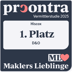 Auszeichnungssiegel mit der Aufschrift: "procontra Vermittlerstudie 2025 – Hiscox – 1. Platz – D&O – Maklers Lieblinge"
