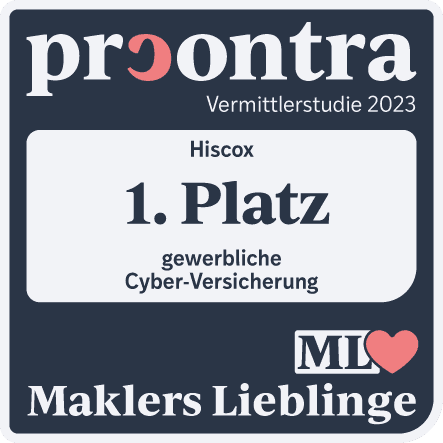 Abzeichen oder Auszeichnung mit der Aufschrift: ‚procontra Vermittlerstudie 2023 – Hiscox – 1. Platz – gewerbliche Cyber-Versicherung – Maklers Lieblinge‘.
