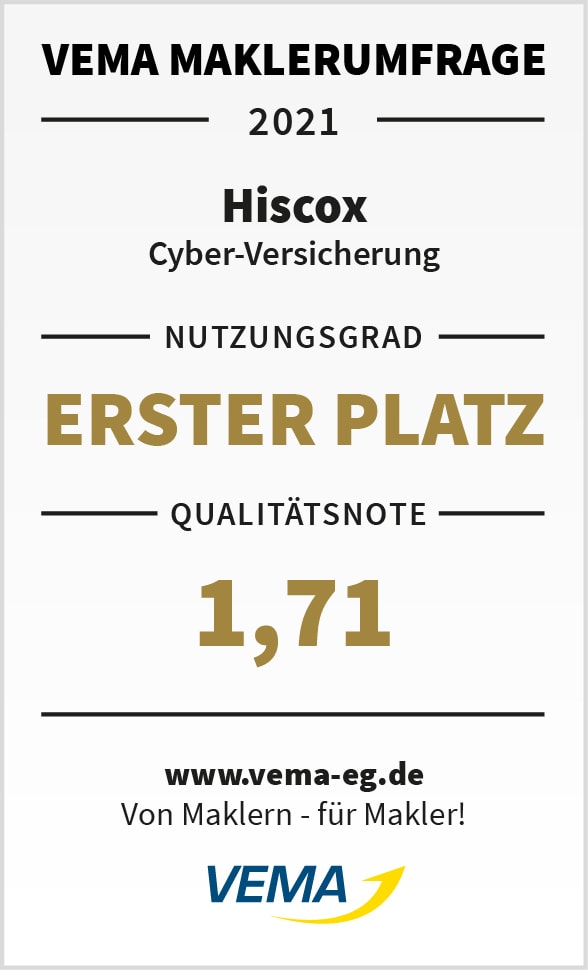 Zertifikat oder Auszeichnung mit der Aufschrift: ‚VEMA MAKLERUMFRAGE 2021 – Hiscox Cyber-Versicherung – NUTZUNGSGRAD ERSTER PLATZ – QUALITÄTSNOTE 1,71 –